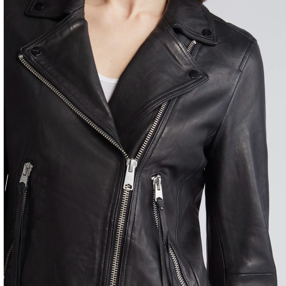 All Saints Black Leather Moto Jacket Asymmetrical Zipper - Picture 3 of 7
